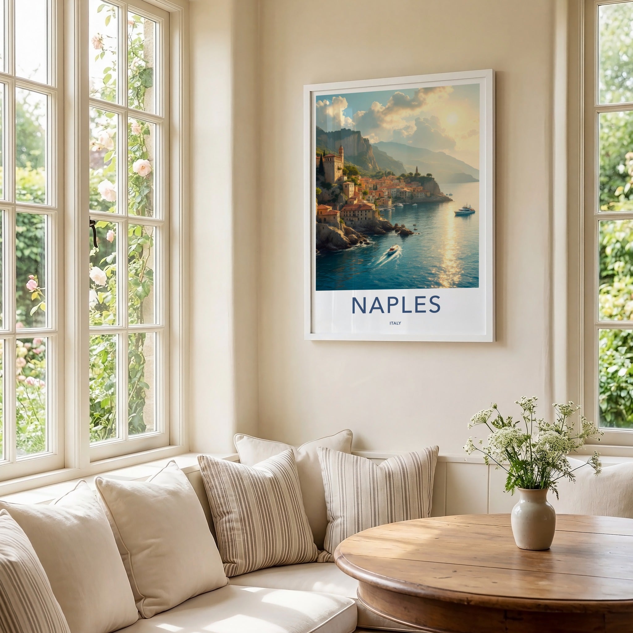 Naples Poster - Italy Travel Art - Coastal Cliff Village Wall Decor