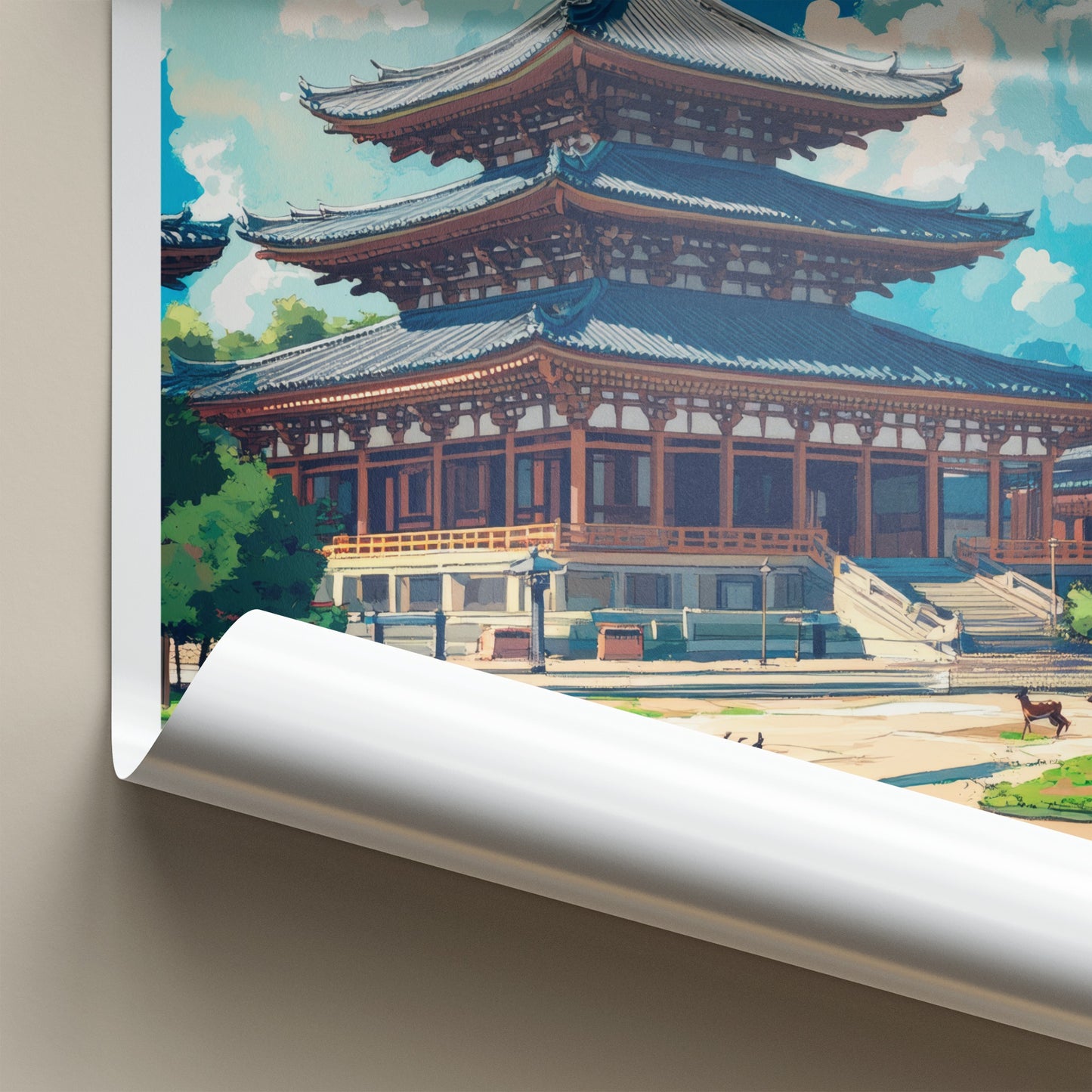 Nara Poster - Japan Travel Art - Ancient Temple Deer Home Decor
