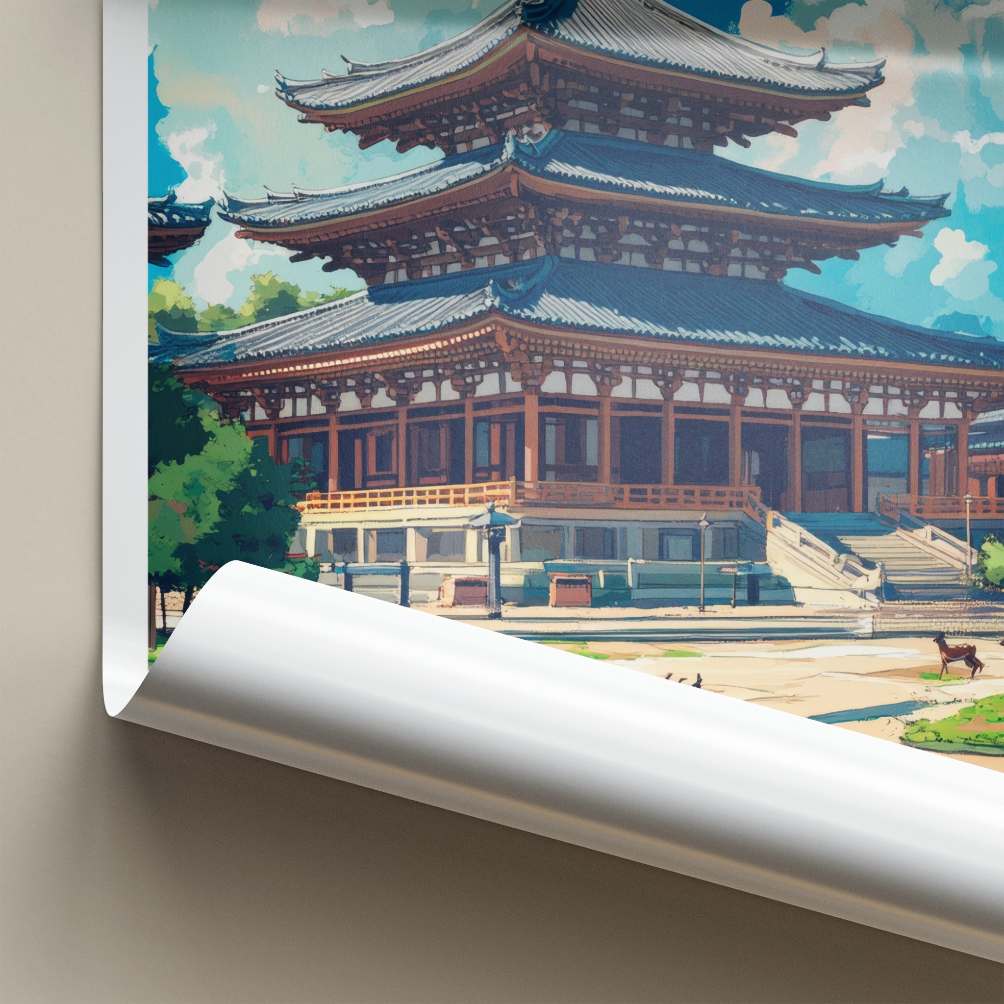 Nara Poster - Japan Travel Art - Ancient Temple Deer Home Decor