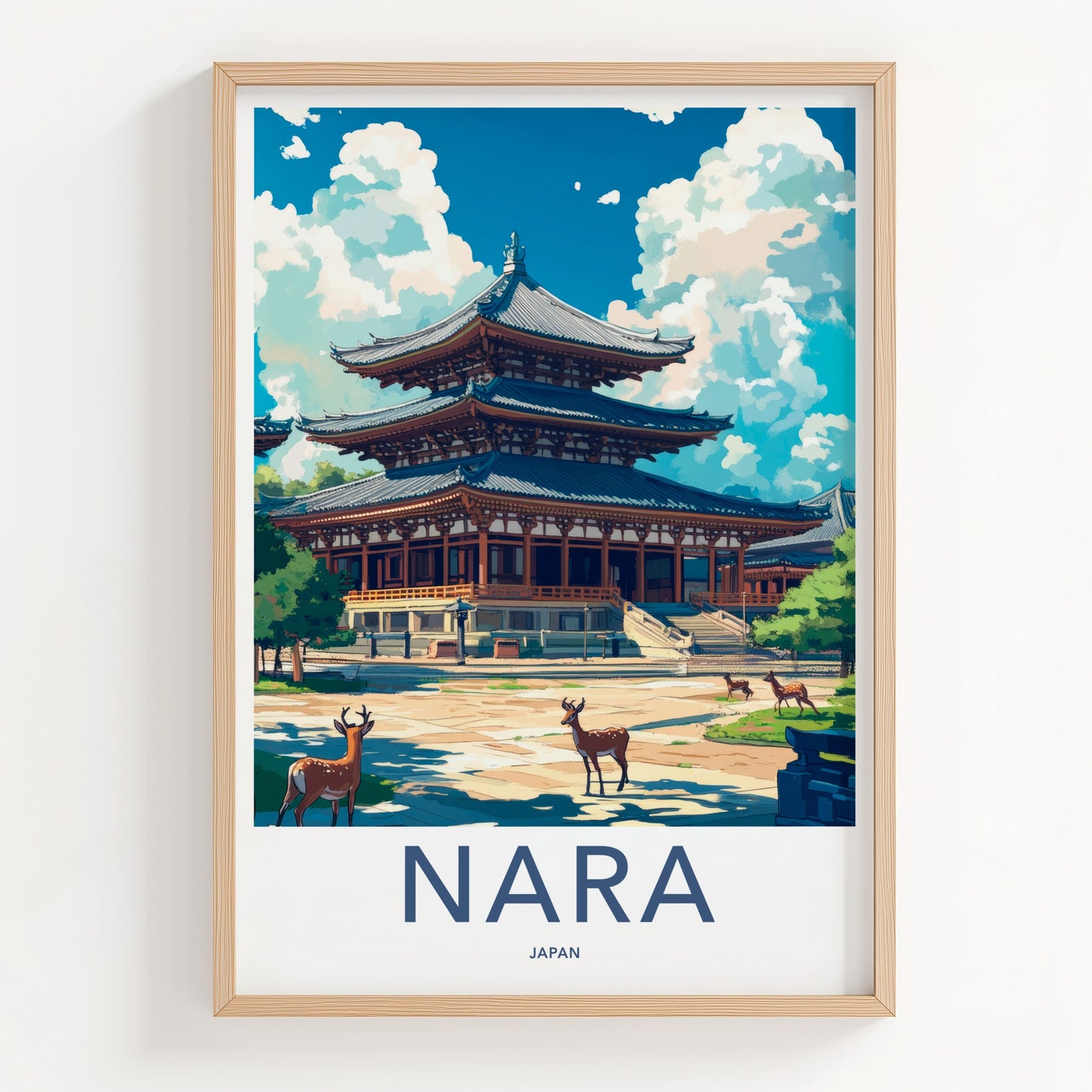 Nara Poster - Japan Travel Art - Ancient Temple Deer Home Decor