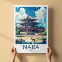 Nara Poster - Japan Travel Art - Ancient Temple Deer Home Decor