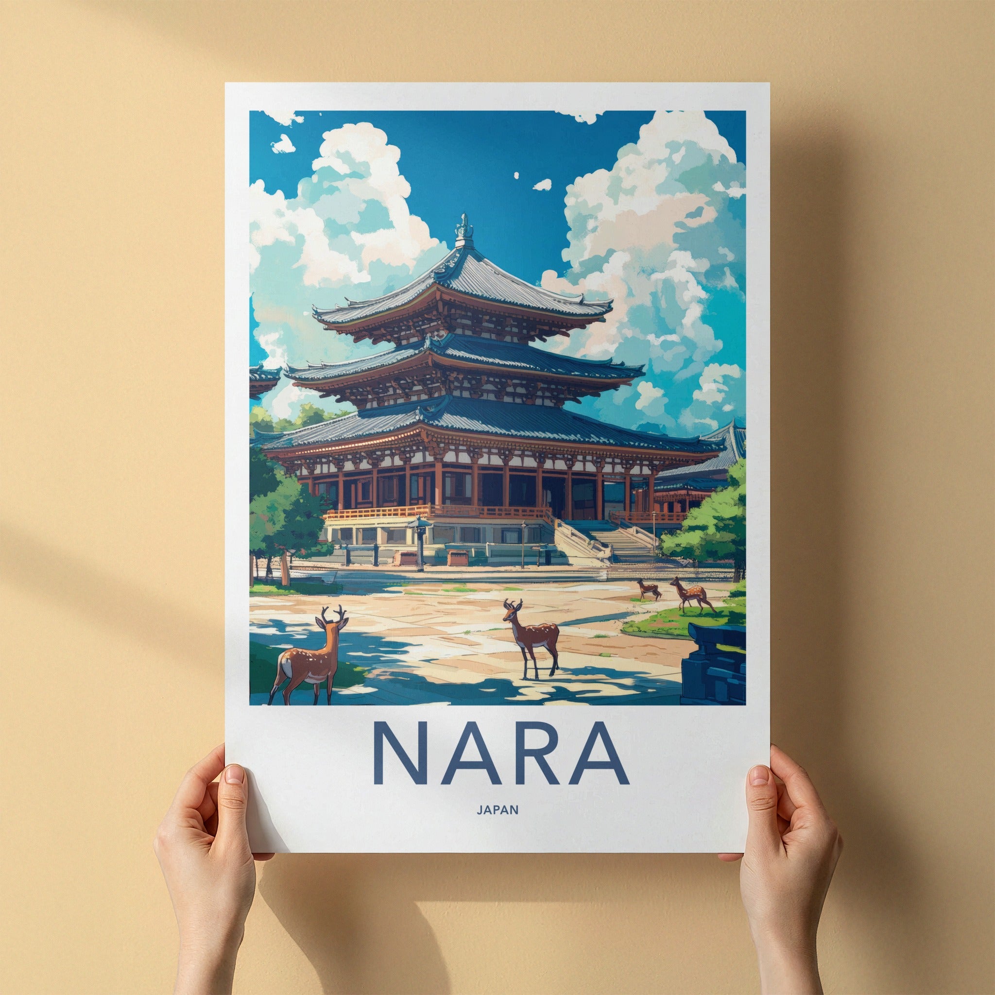 Nara Poster - Japan Travel Art - Ancient Temple Deer Home Decor