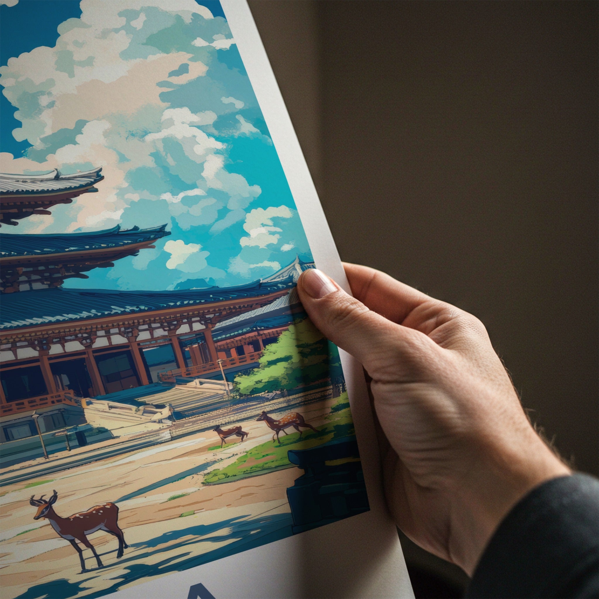 Nara Poster - Japan Travel Art - Ancient Temple Deer Home Decor
