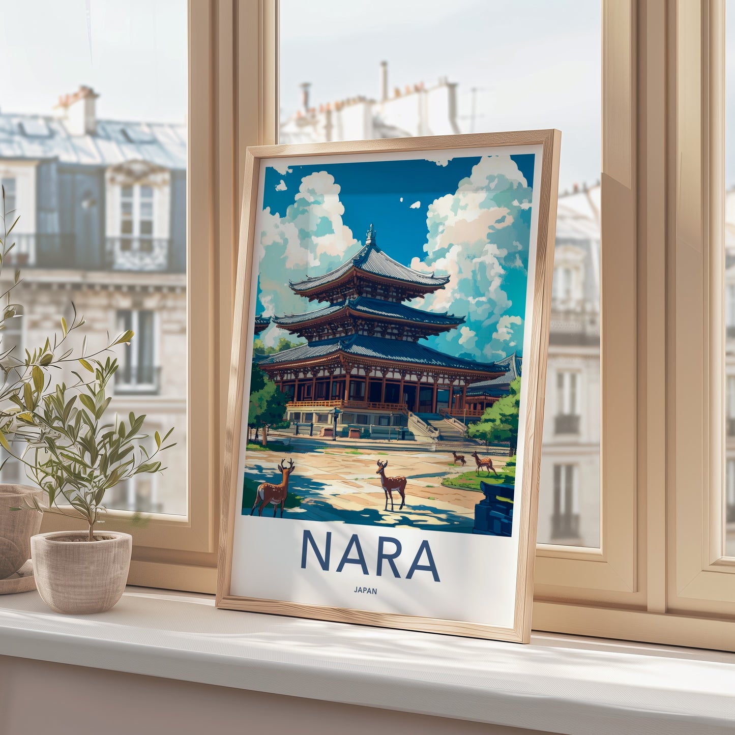 Nara Poster - Japan Travel Art - Ancient Temple Deer Home Decor