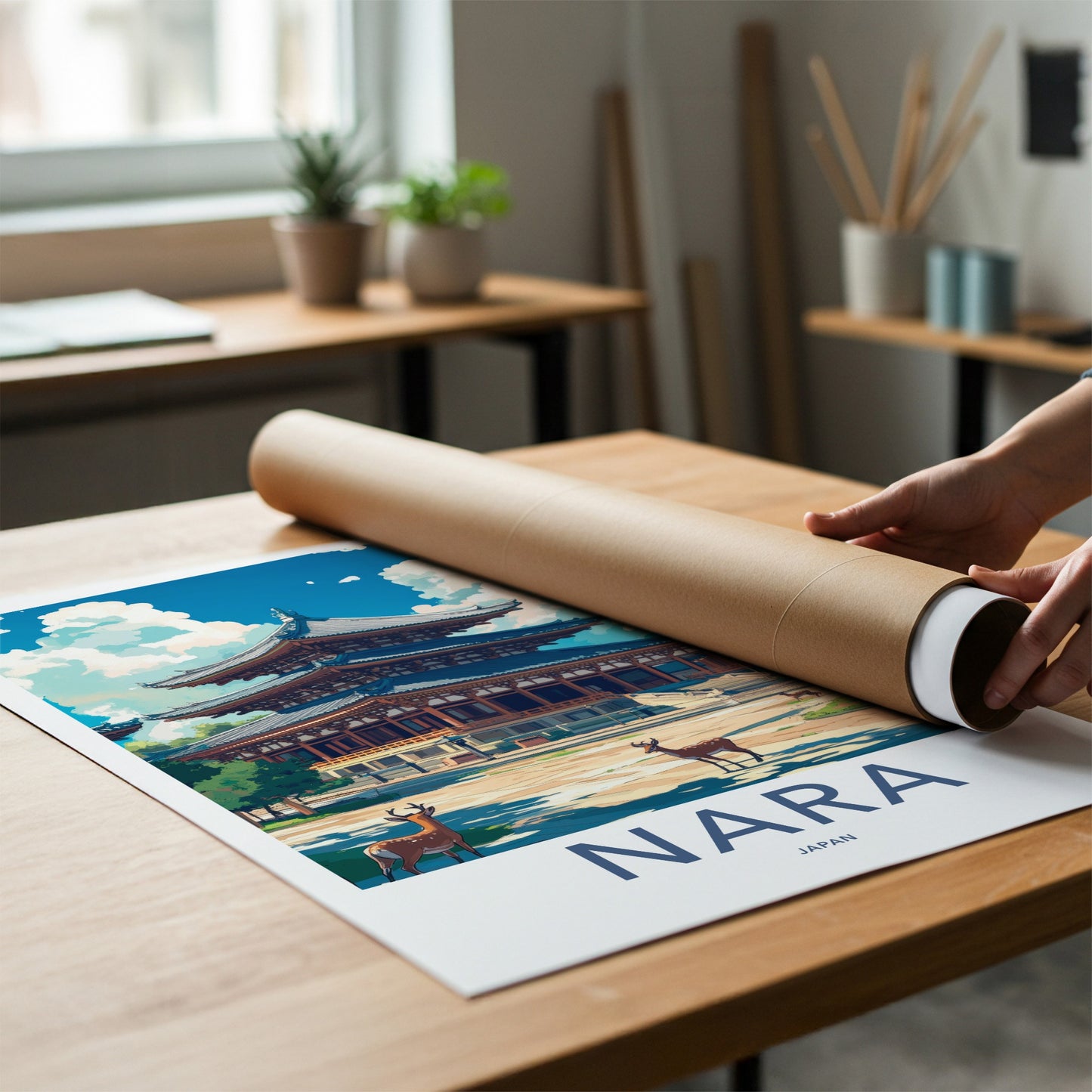 Nara Poster - Japan Travel Art - Ancient Temple Deer Home Decor
