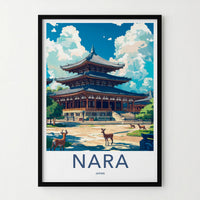 Nara Poster - Japan Travel Art - Ancient Temple Deer Home Decor