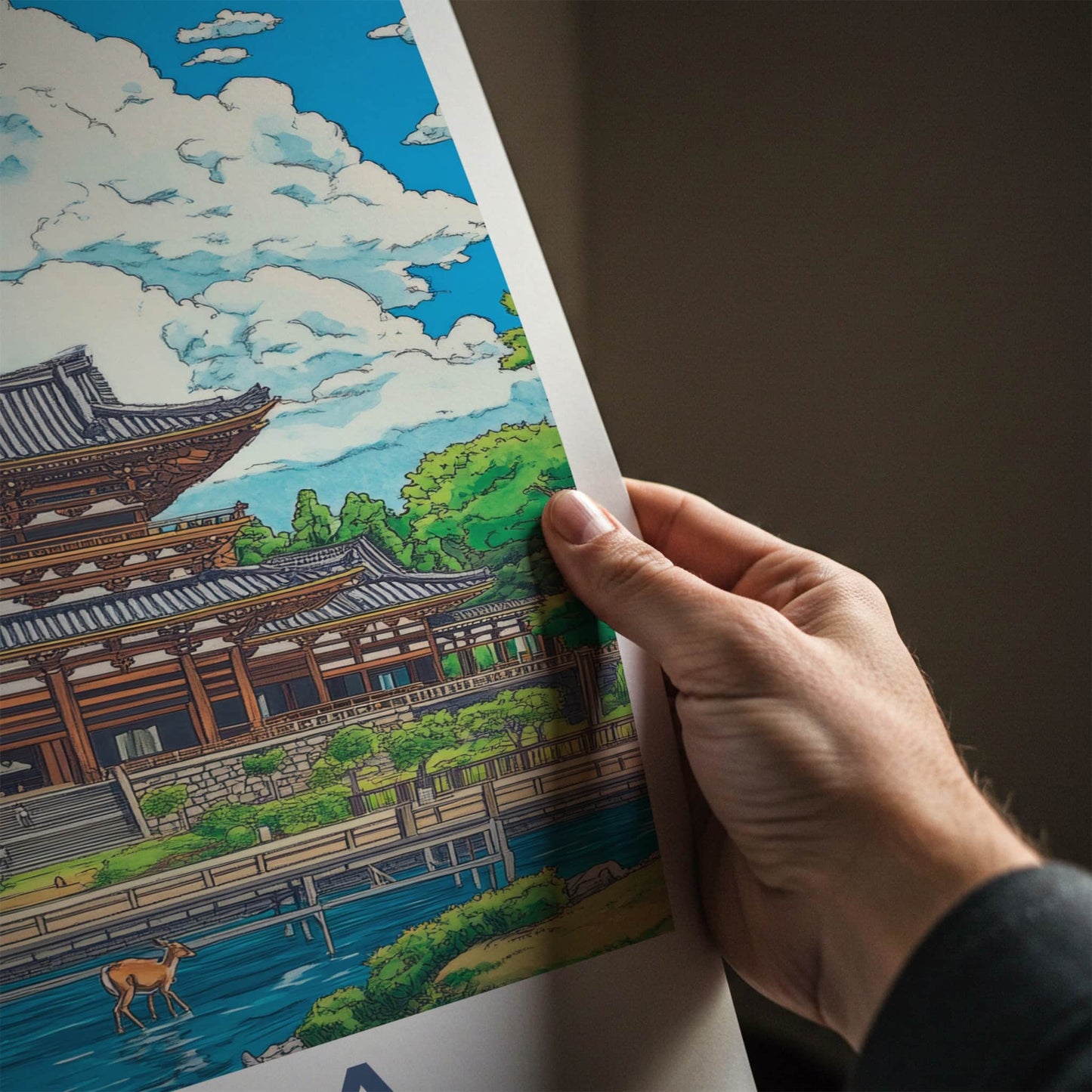Nara Poster - Japan Travel Art - Ancient temple deer Lounge Decor