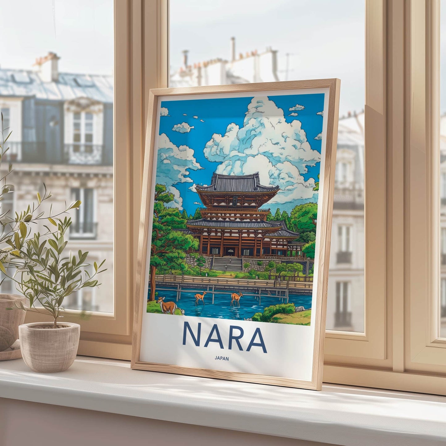 Nara Poster - Japan Travel Art - Ancient temple deer Lounge Decor