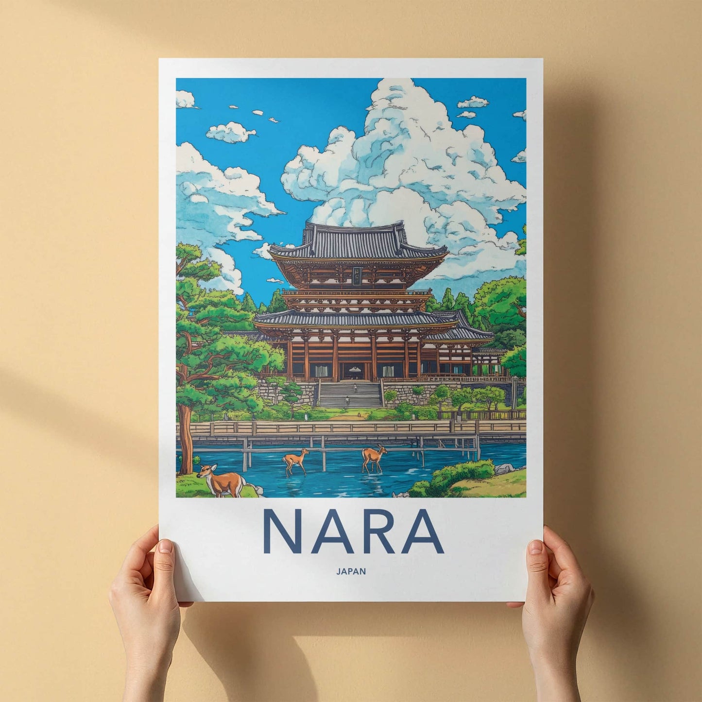 Nara Poster - Japan Travel Art - Ancient temple deer Lounge Decor
