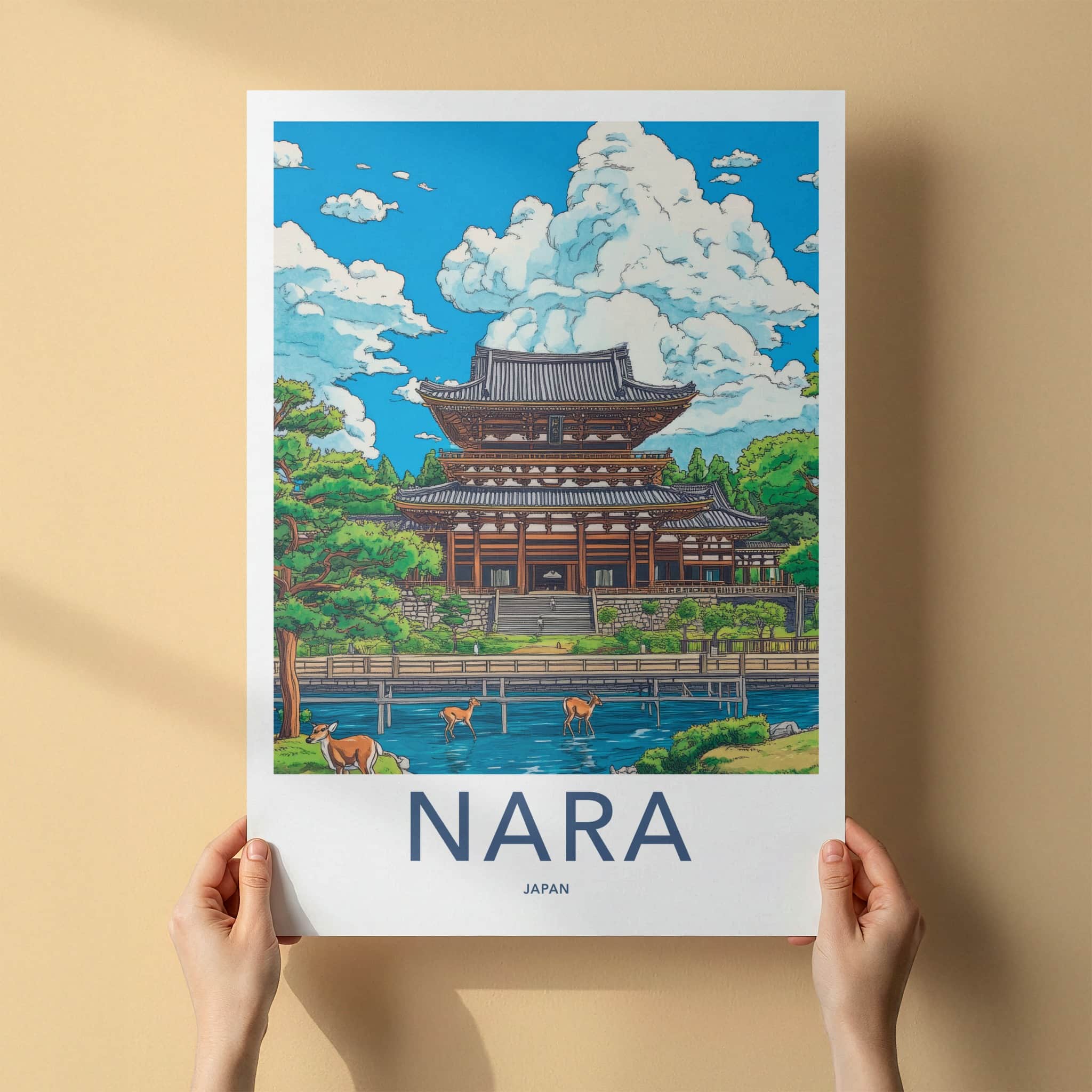 Nara Poster - Japan Travel Art - Ancient temple deer Lounge Decor