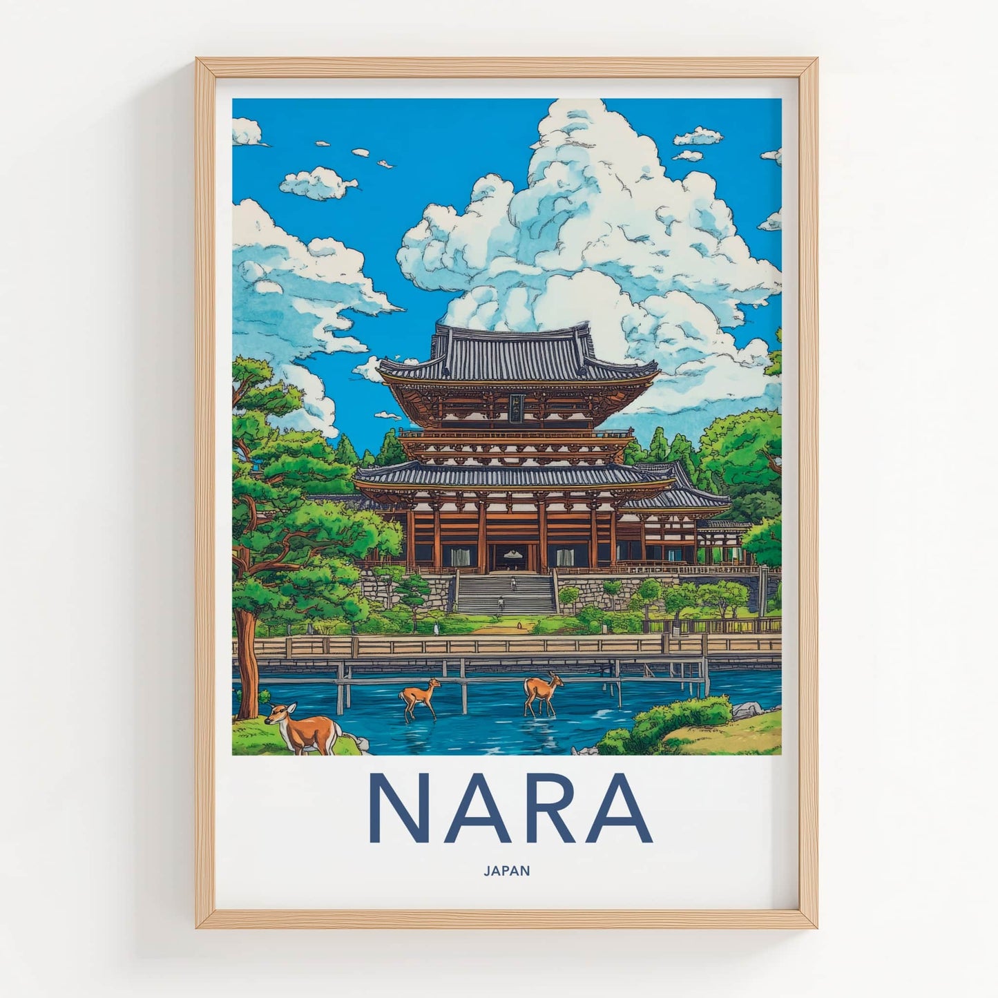 Nara Poster - Japan Travel Art - Ancient temple deer Lounge Decor