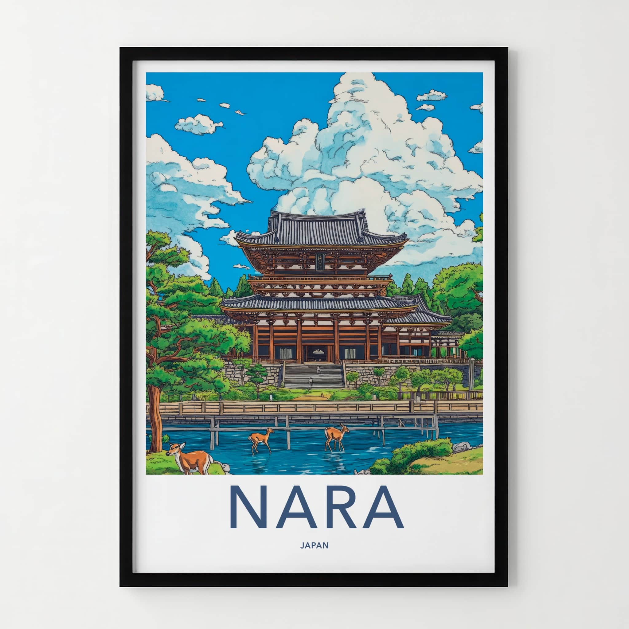 Nara Poster - Japan Travel Art - Ancient temple deer Lounge Decor