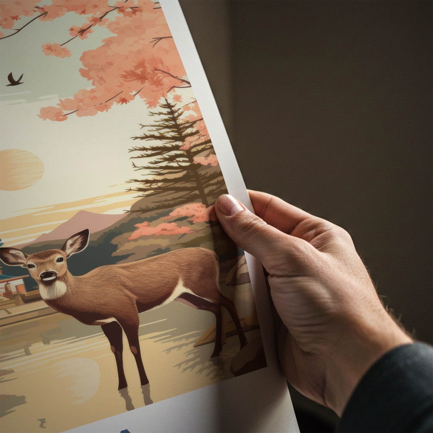 Nara Poster - Japan Travel Art - Deer Pagoda Sakura Wall Decor