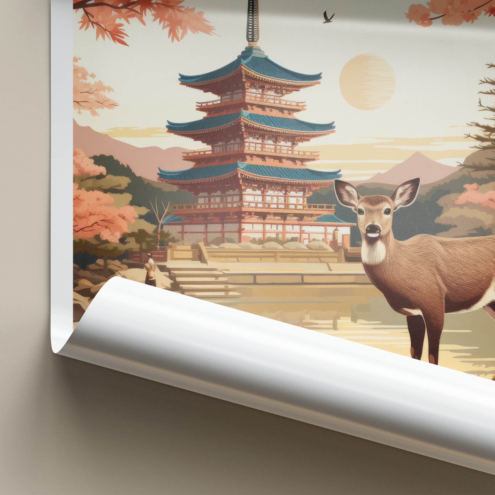 Nara Poster - Japan Travel Art - Deer Pagoda Sakura Wall Decor