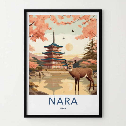 Nara Poster - Japan Travel Art - Deer Pagoda Sakura Wall Decor