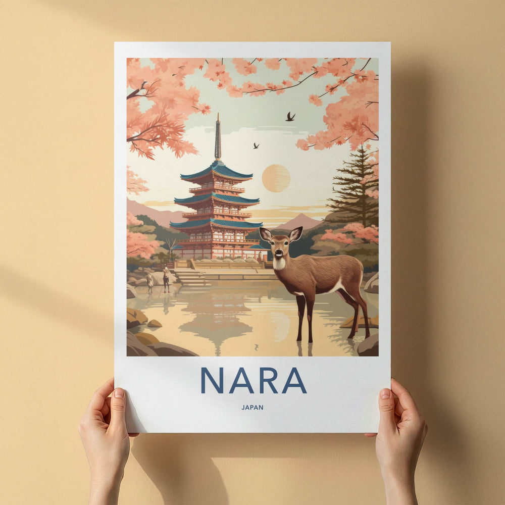 Nara Poster - Japan Travel Art - Deer Pagoda Sakura Wall Decor
