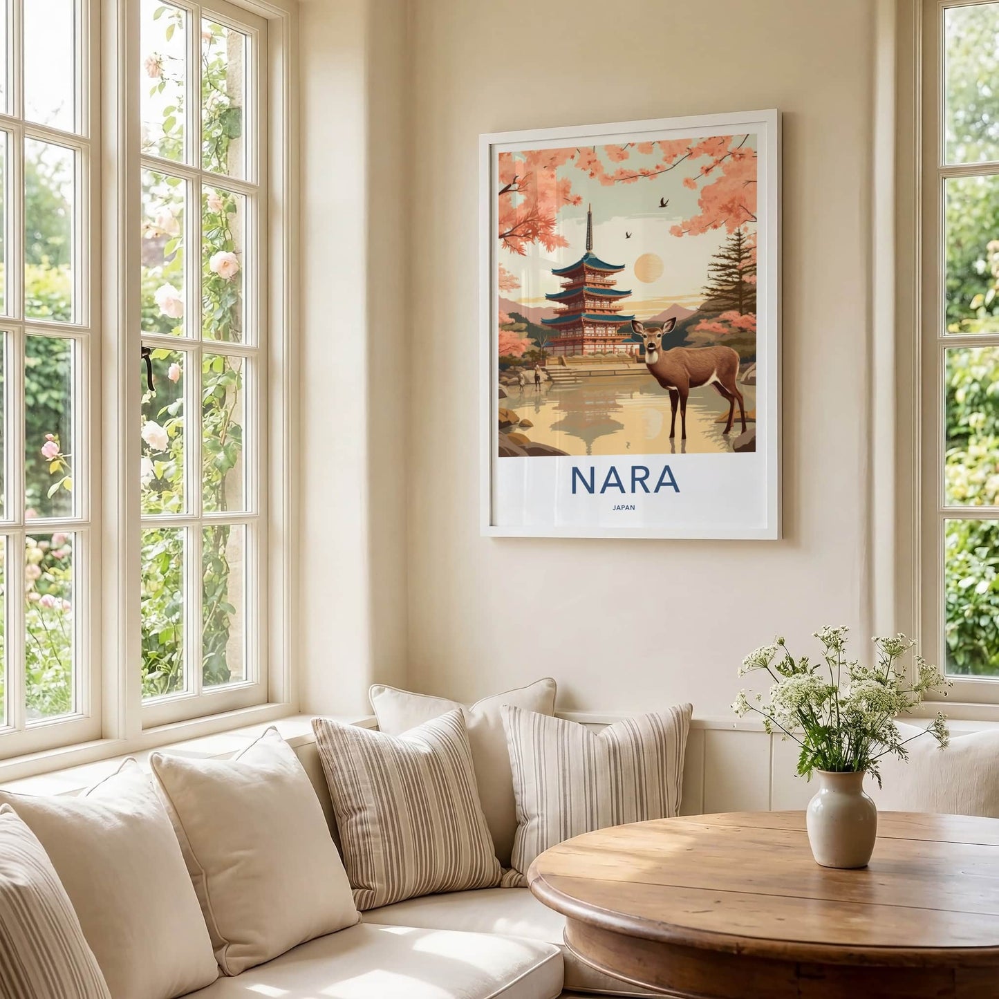 Nara Poster - Japan Travel Art - Deer Pagoda Sakura Wall Decor