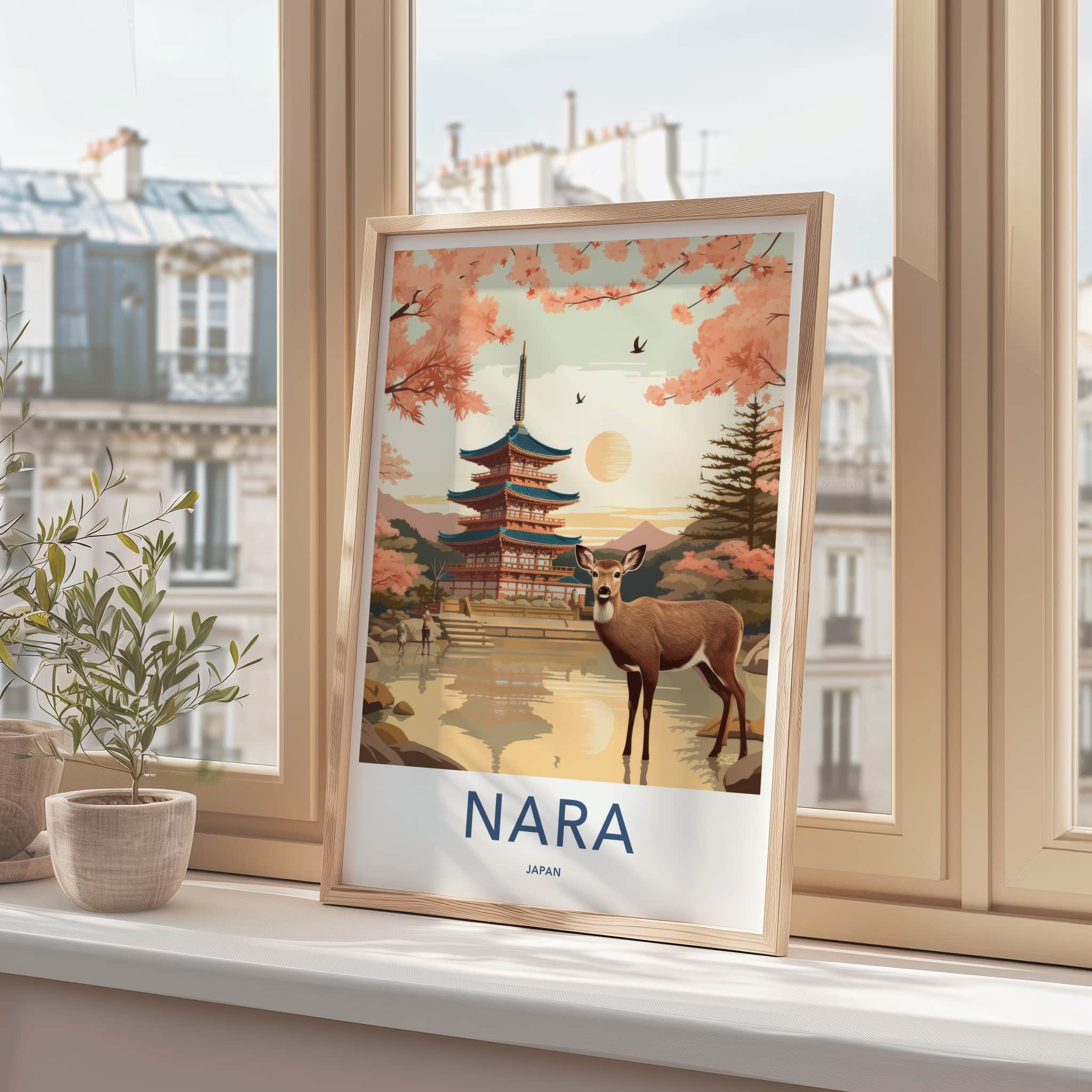 Nara Poster - Japan Travel Art - Deer Pagoda Sakura Wall Decor