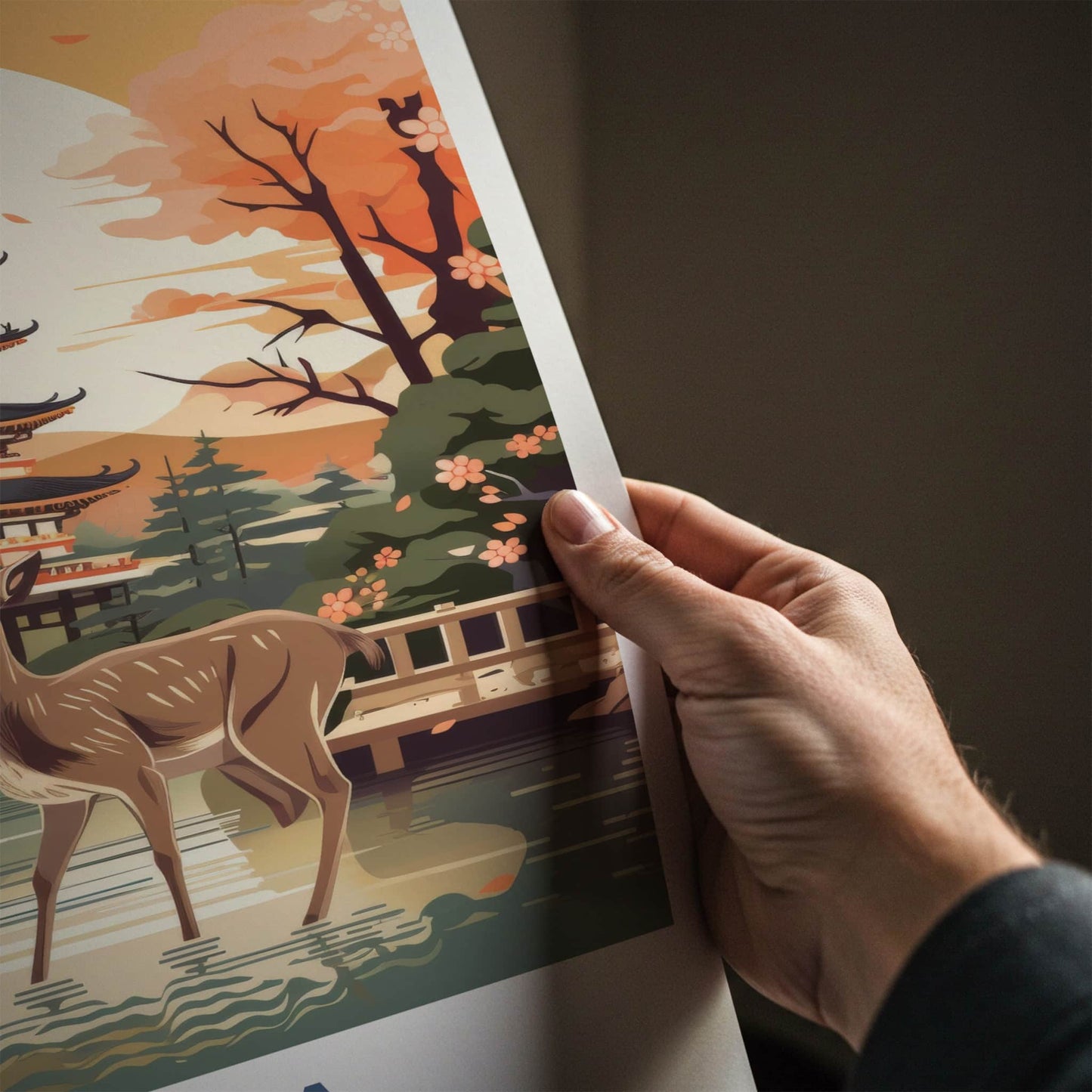 Nara Poster - Japan Travel Print - Wild Deer Pagoda Lounge Decor