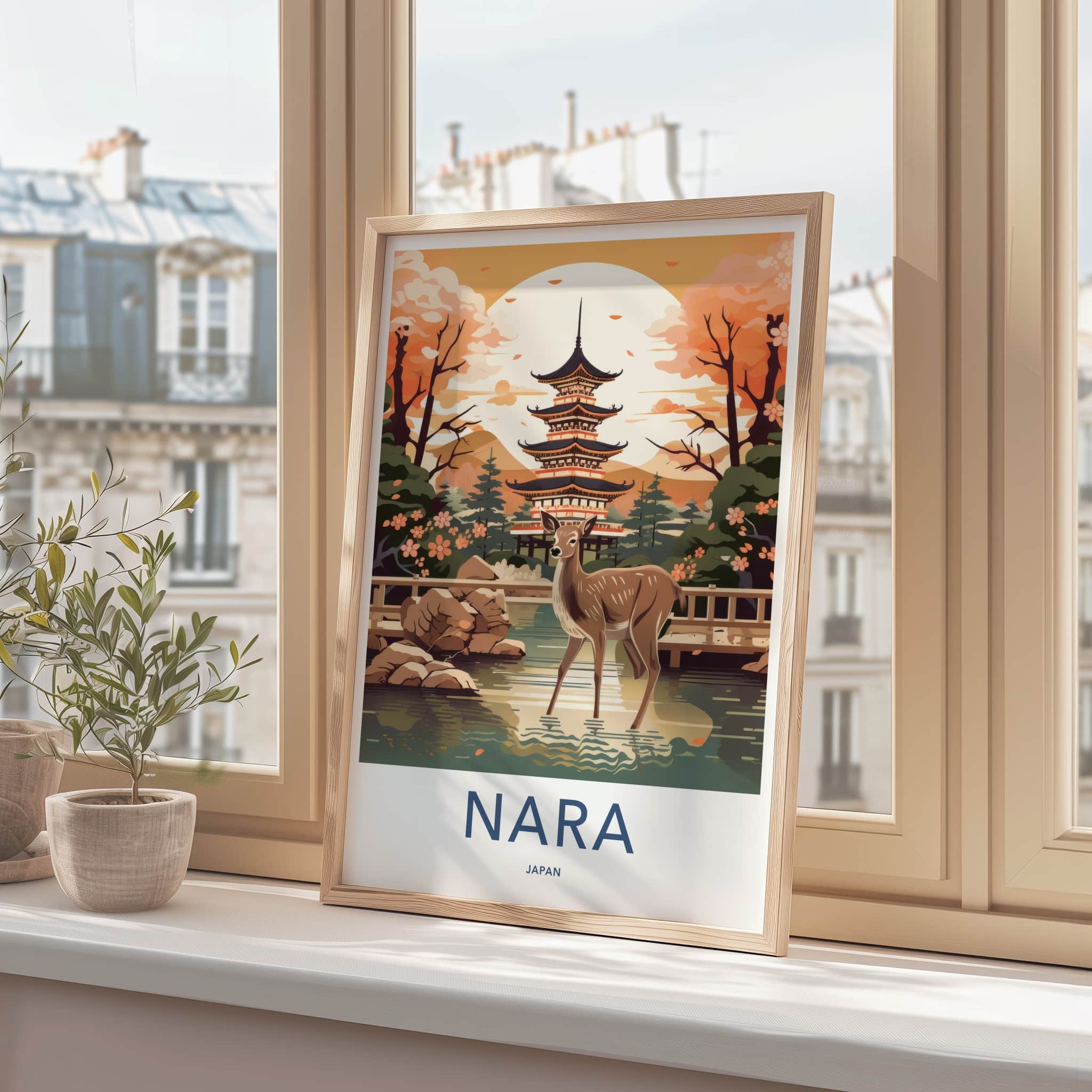Nara Poster - Japan Travel Print - Wild Deer Pagoda Lounge Decor