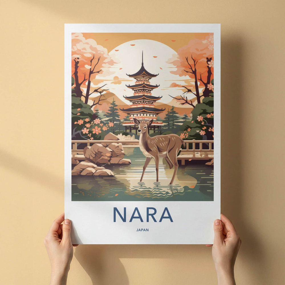 Nara Poster - Japan Travel Print - Wild Deer Pagoda Lounge Decor
