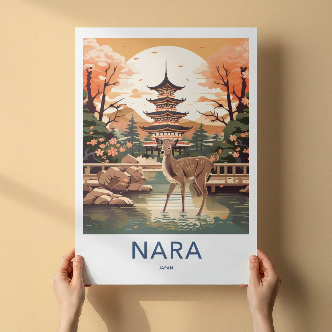Nara Poster - Japan Travel Print - Wild Deer Pagoda Lounge Decor
