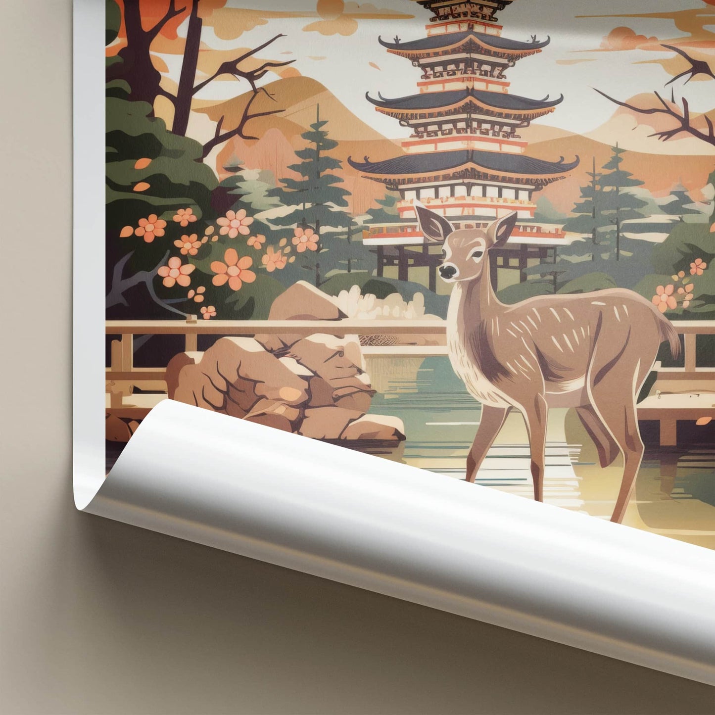 Nara Poster - Japan Travel Print - Wild Deer Pagoda Lounge Decor