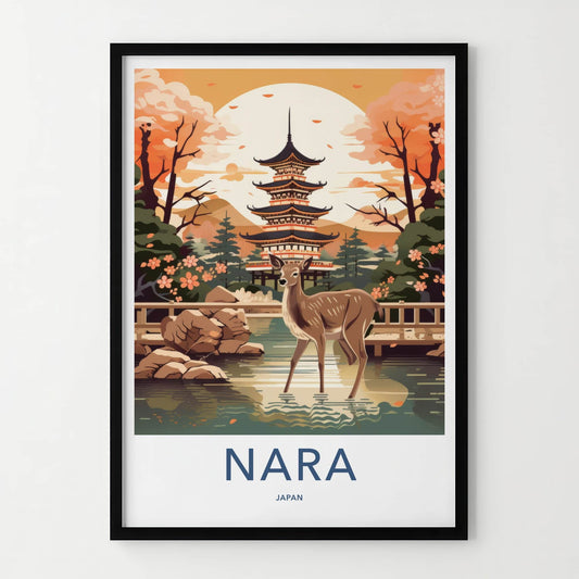 Nara Poster - Japan Travel Print - Wild Deer Pagoda Lounge Decor