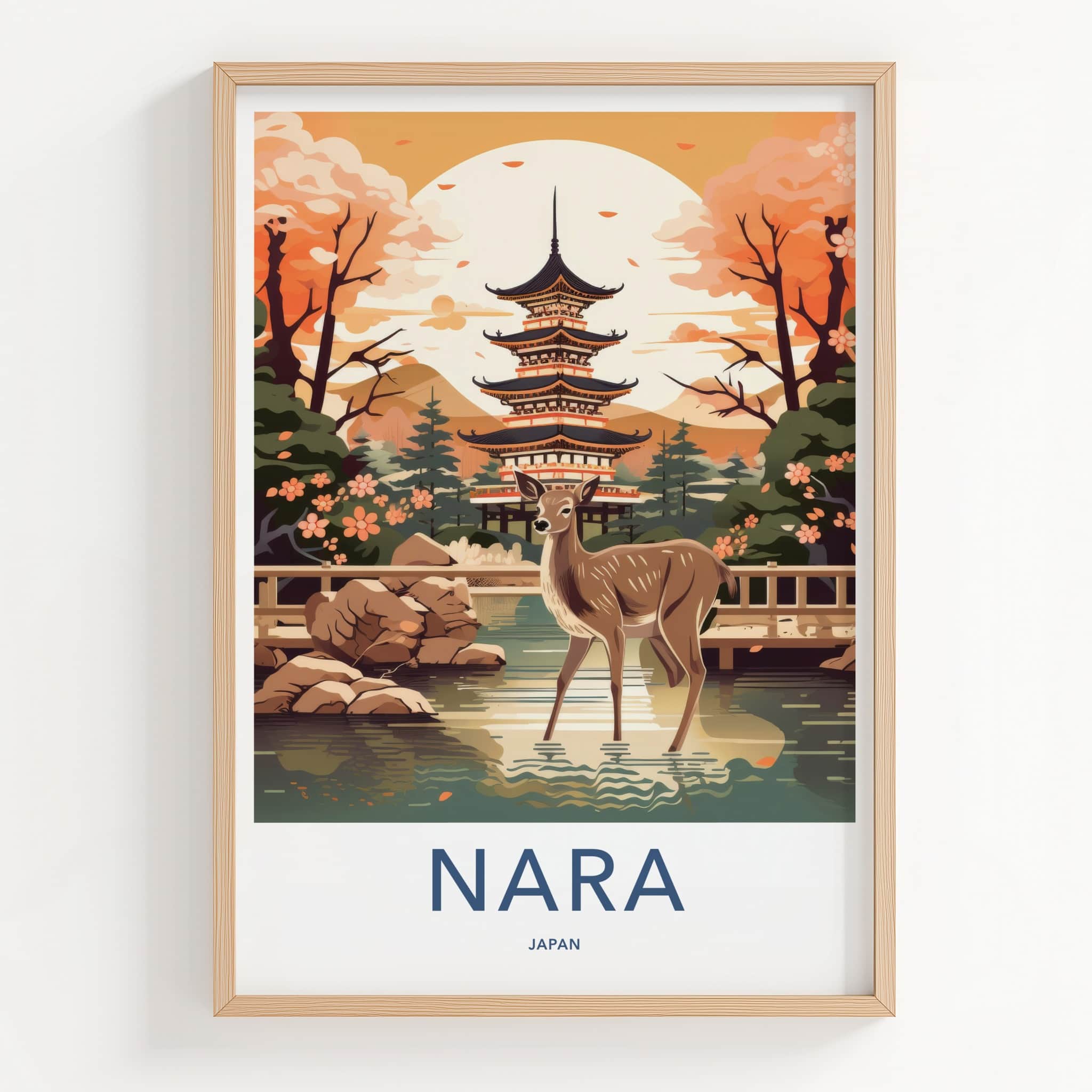Nara Poster - Japan Travel Print - Wild Deer Pagoda Lounge Decor