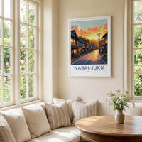 Narai-Juku Poster - Japan Travel Art - Golden Sunset Street Home Decor