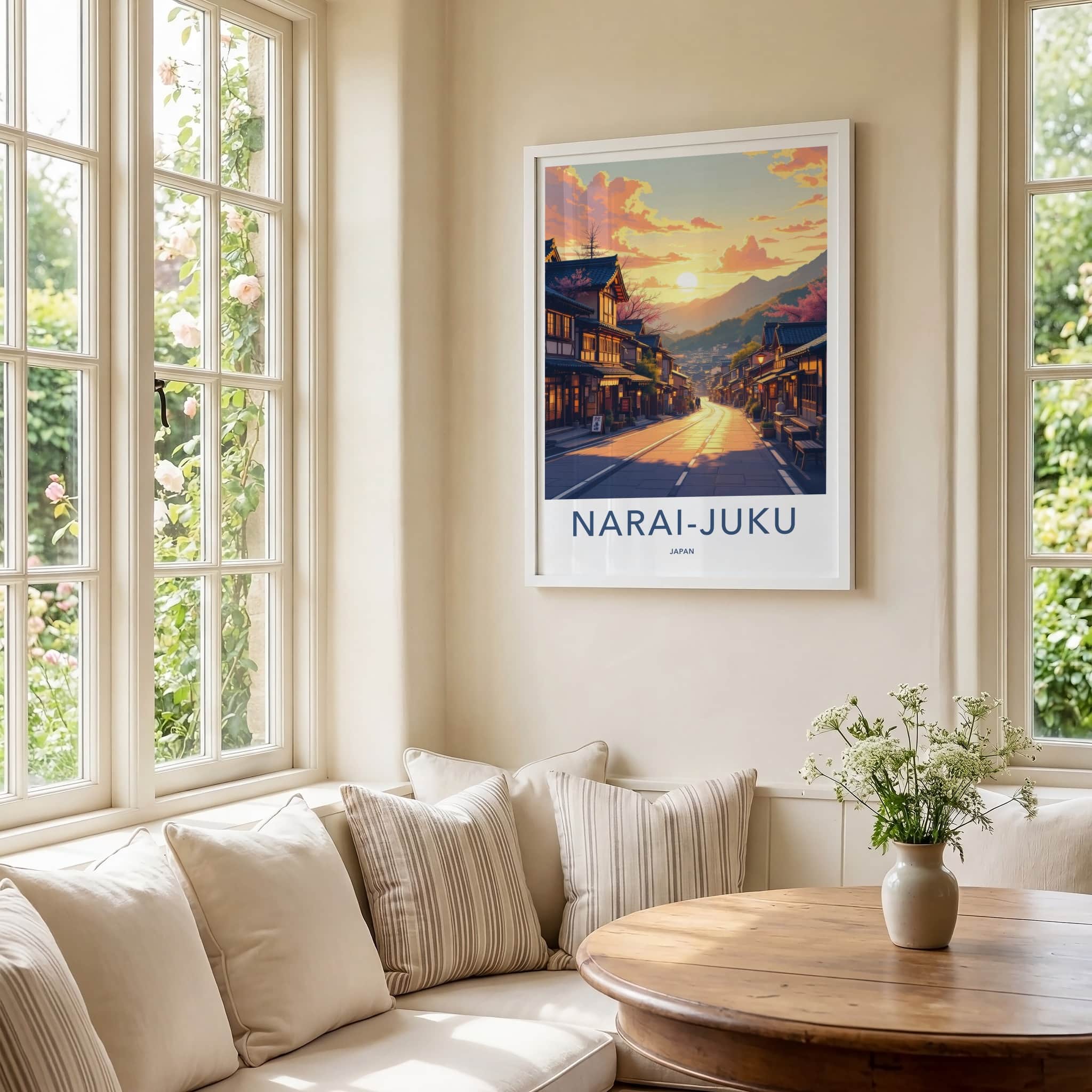 Narai-Juku Poster - Japan Travel Art - Sunset Mountain Village Wall Decor