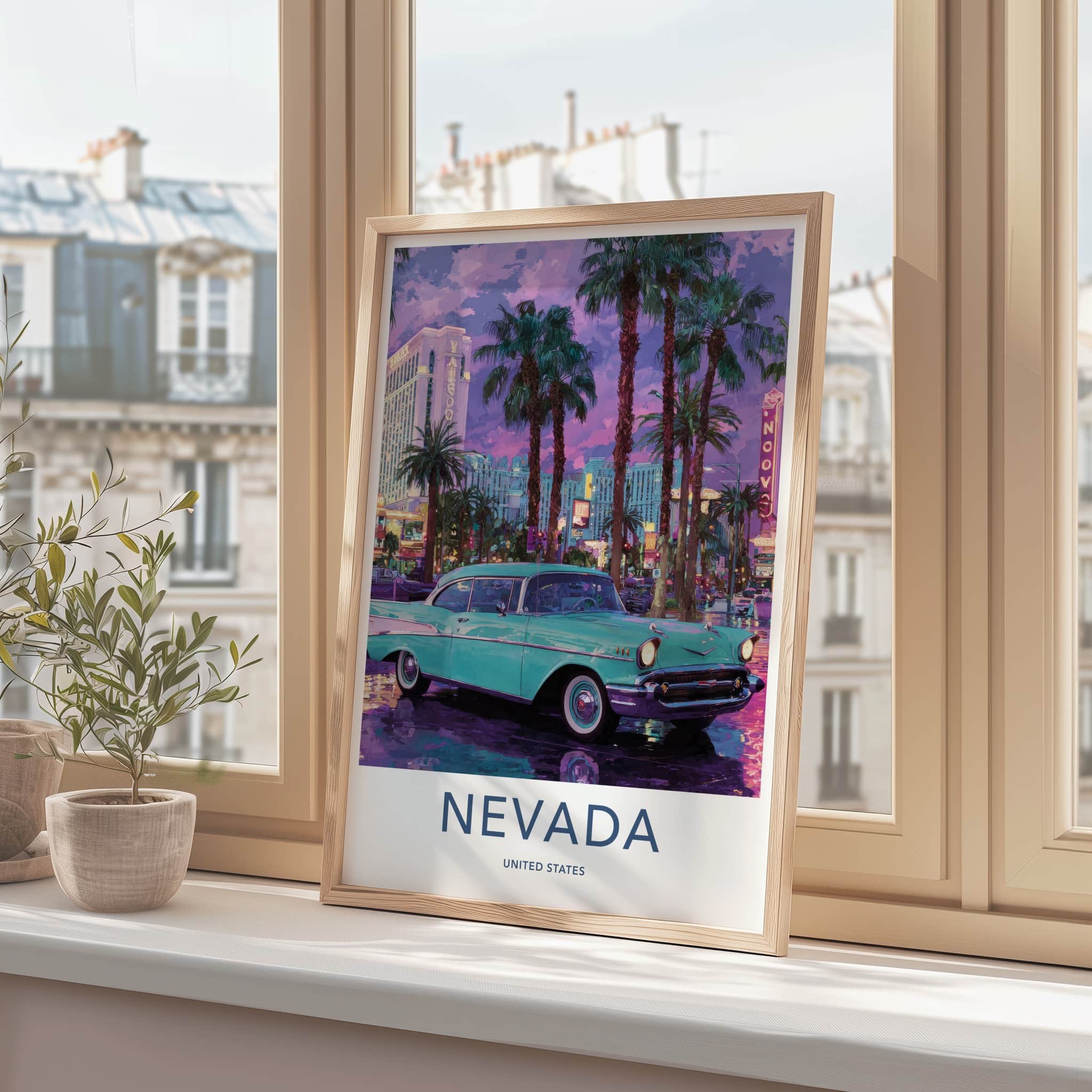 Nevada Poster - Nevada Framed Art - Pink Sunset Classic Car Gallery Art