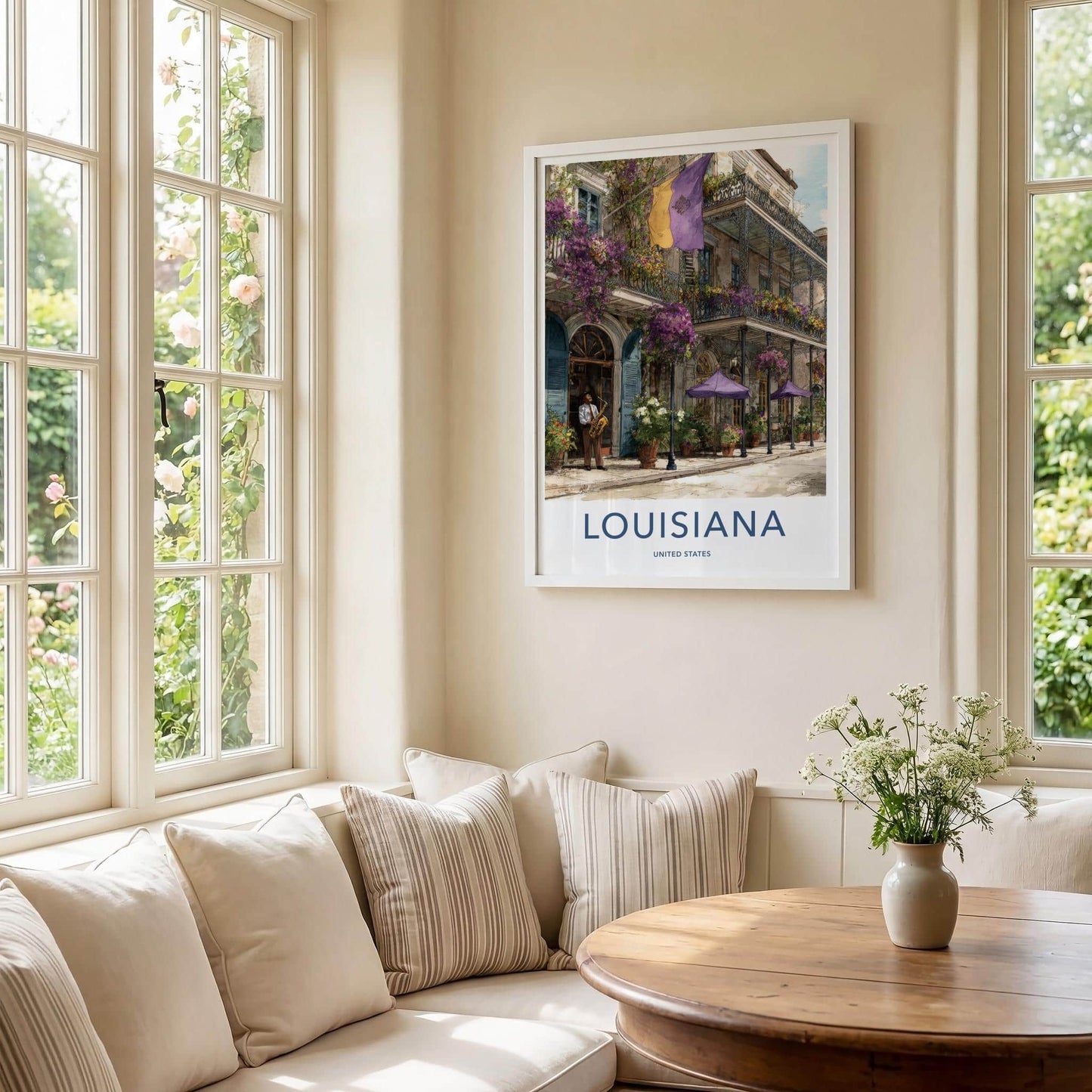 New Orleans Poster - Louisiana Travel Art - Flowered Balcony Jazz Home Art