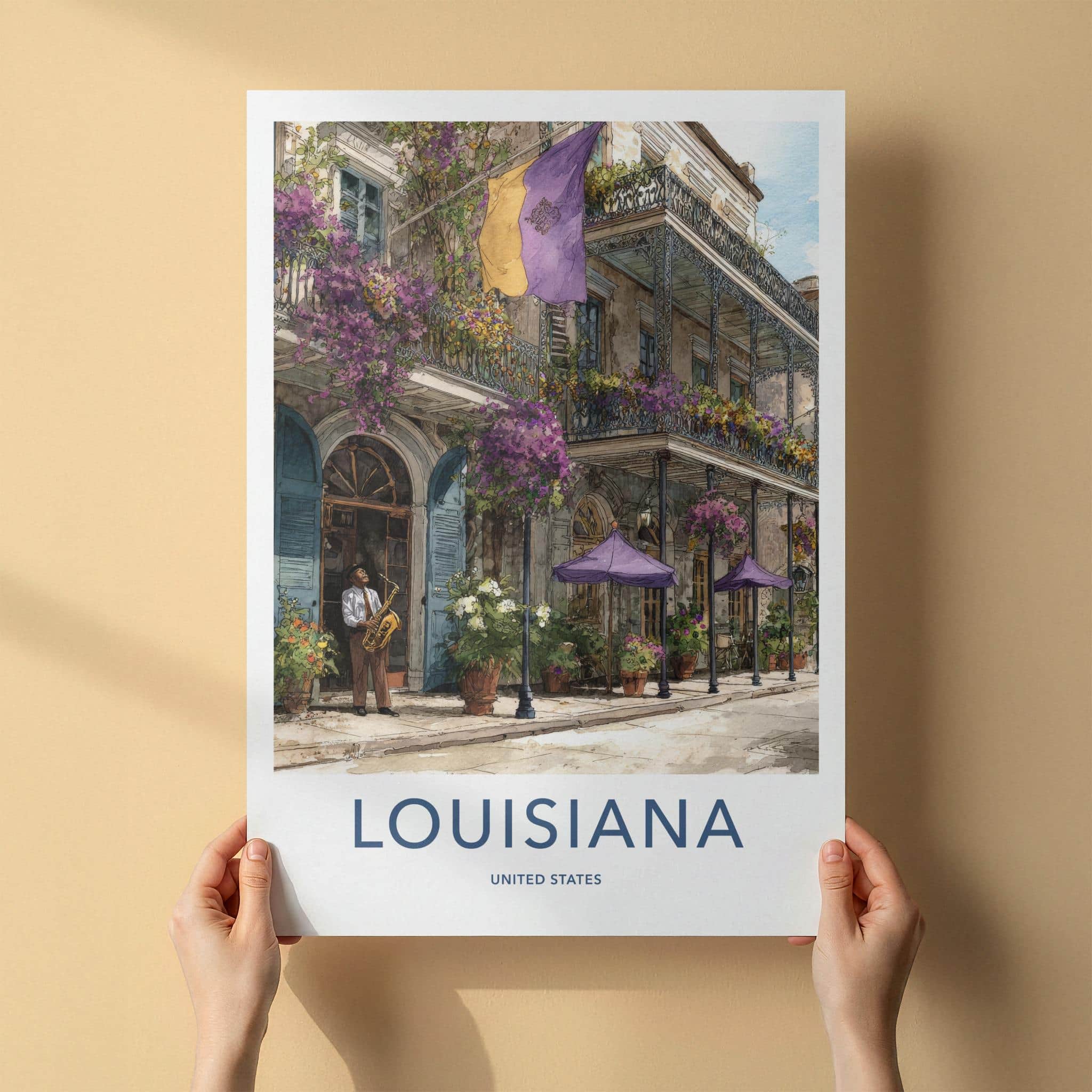 New Orleans Poster - Louisiana Travel Art - Flowered Balcony Jazz Home Art