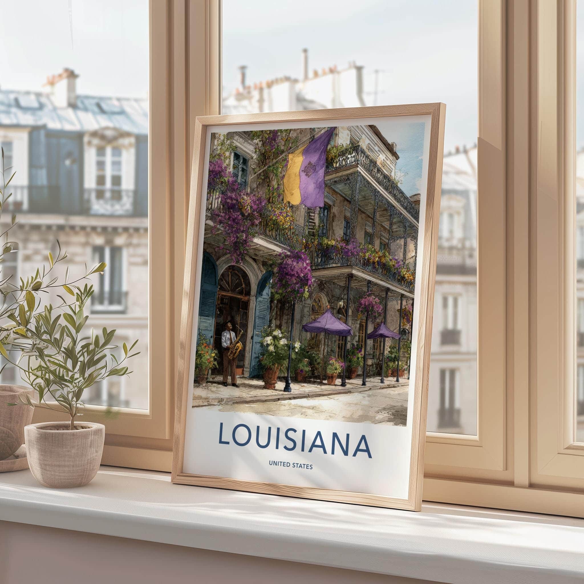 New Orleans Poster - Louisiana Travel Art - Flowered Balcony Jazz Home Art