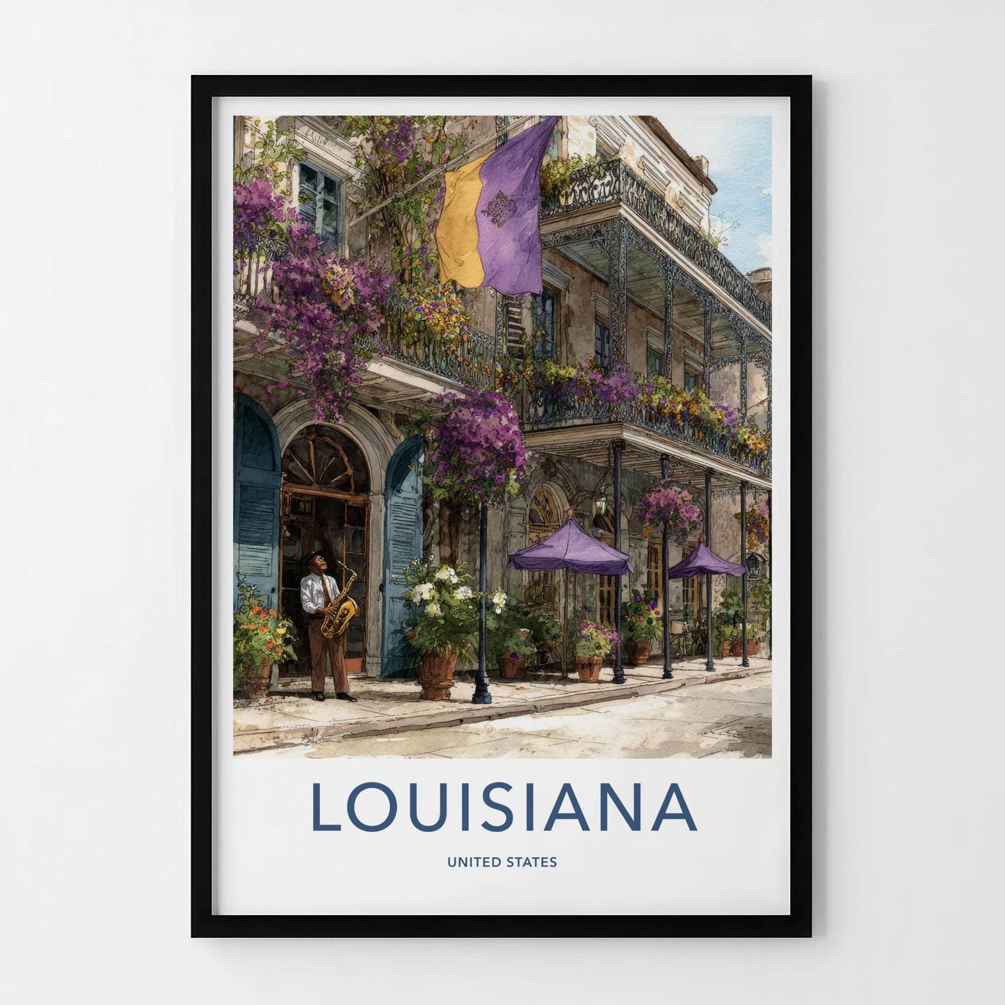 New Orleans Poster - Louisiana Travel Art - Flowered Balcony Jazz Home Art