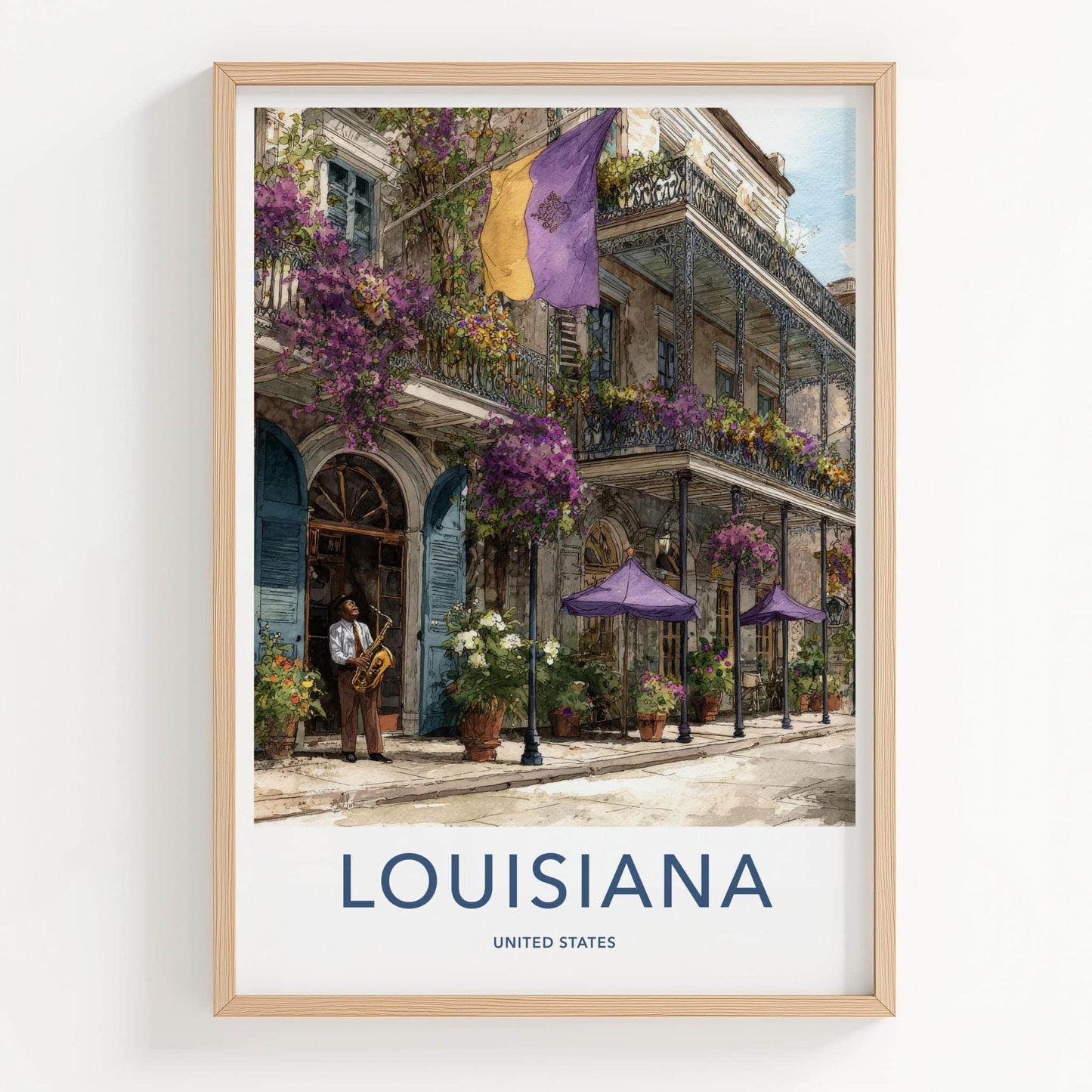 New Orleans Poster - Louisiana Travel Art - Flowered Balcony Jazz Home Art