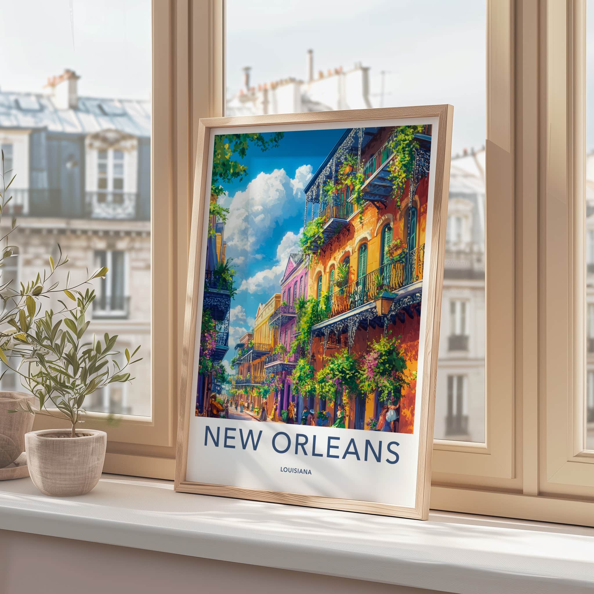 New Orleans Poster - Louisiana Wall Art - Colorful Street Balconies Gift