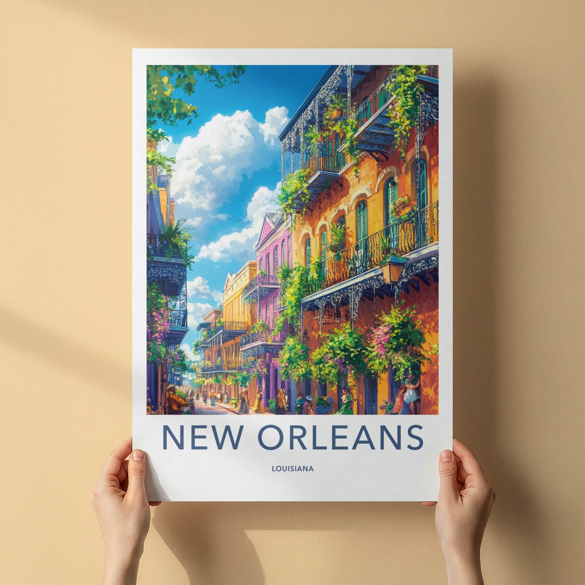 New Orleans Poster - Louisiana Wall Art - Colorful Street Balconies Gift