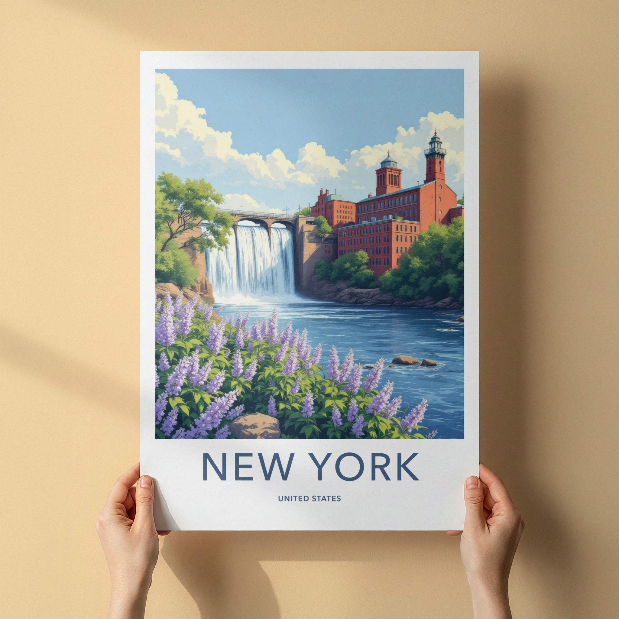 New York Poster - New York Travel Art - Cascading Waterfall Mill Home Decor