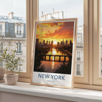 New York Poster - New York Travel Art - Urban Sunset Reflection Home Decor
