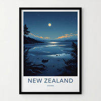 New Zealand Poster - New Zealand Travel Art - Moonlit Lake Shore Home Decor
