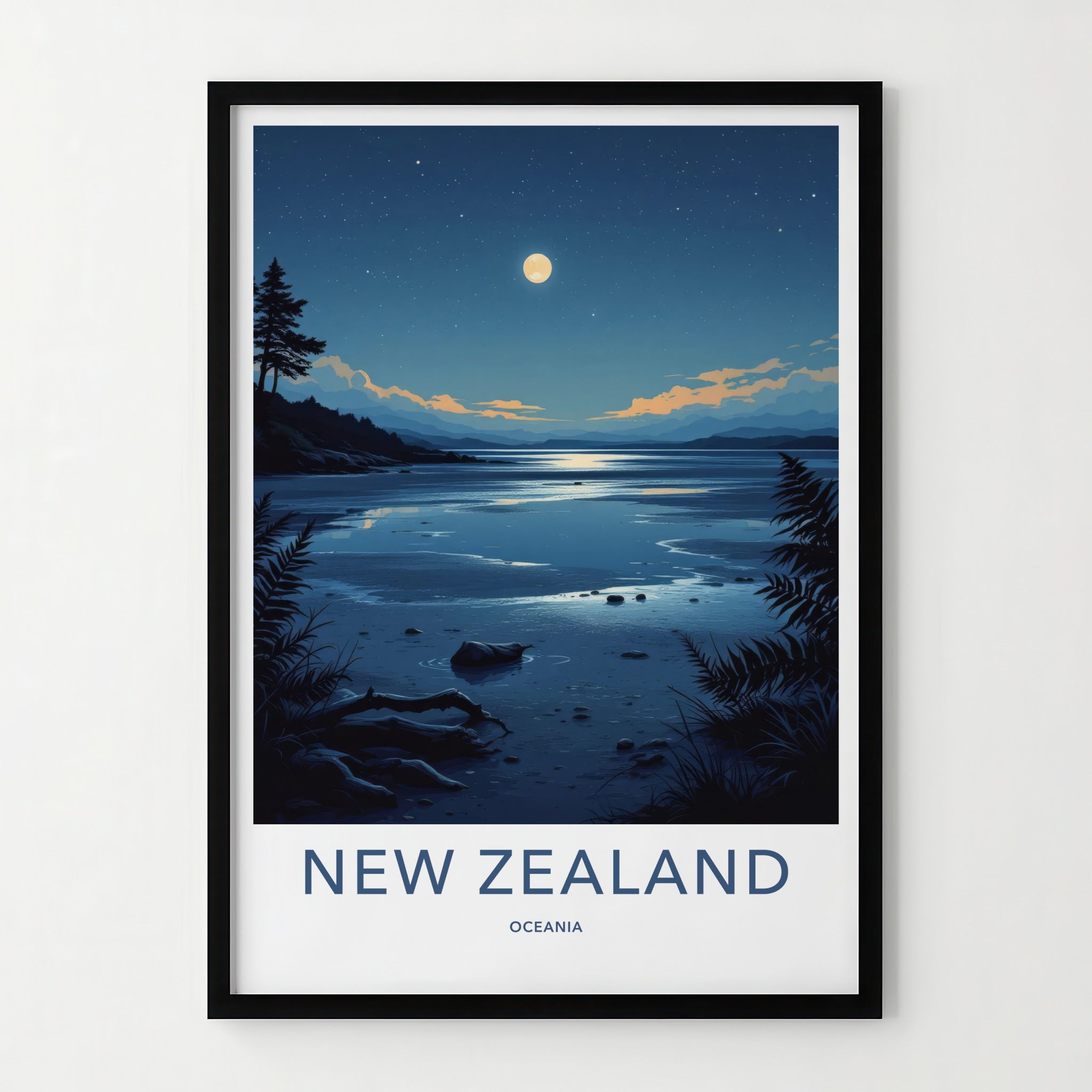 New Zealand Poster - New Zealand Travel Art - Moonlit Lake Shore Home Decor