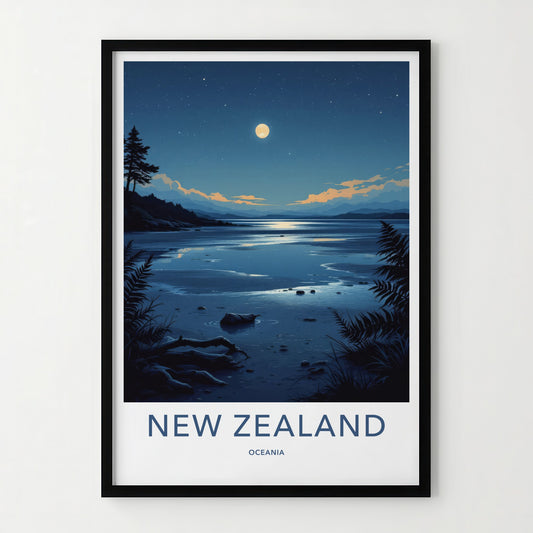 New Zealand Poster - New Zealand Travel Art - Moonlit Lake Shore Home Decor