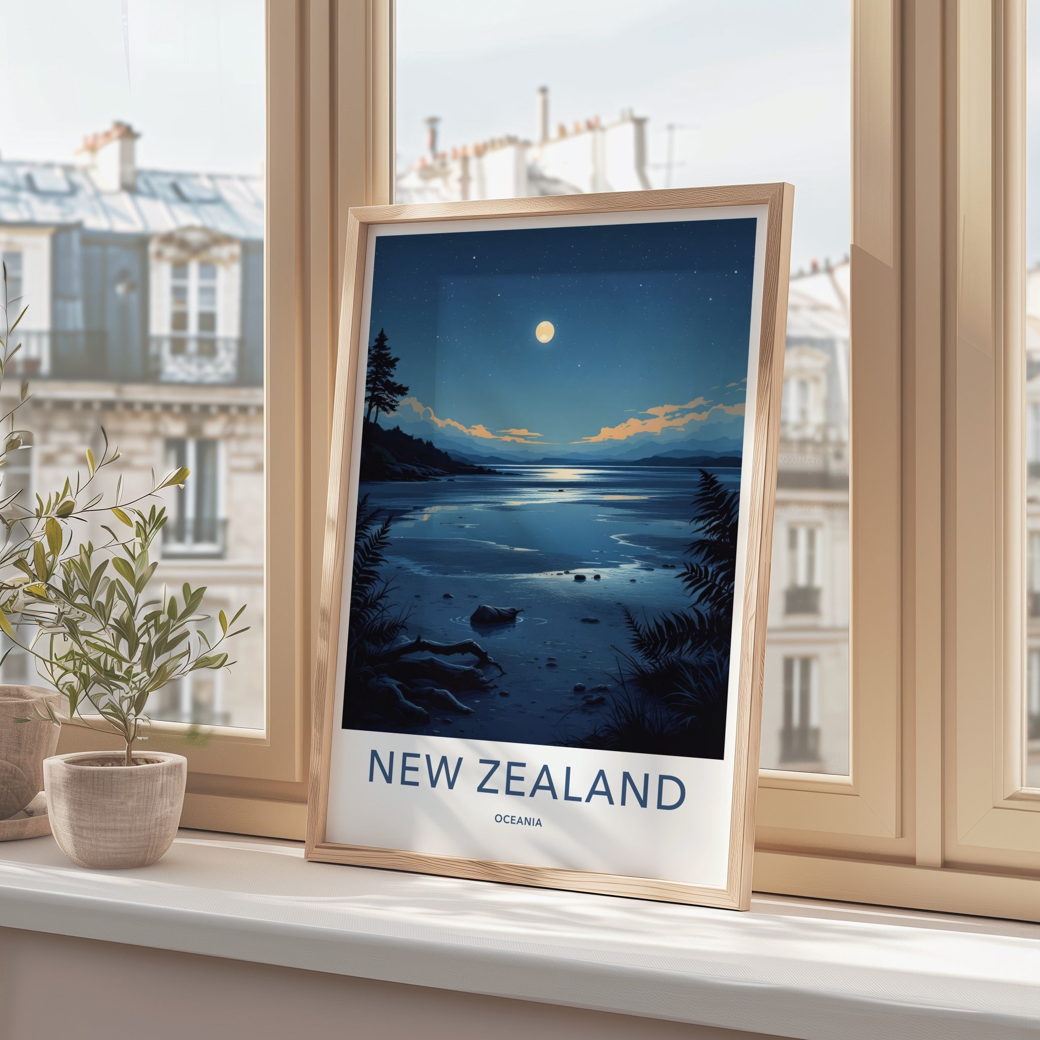 New Zealand Poster - New Zealand Travel Art - Moonlit Lake Shore Home Decor