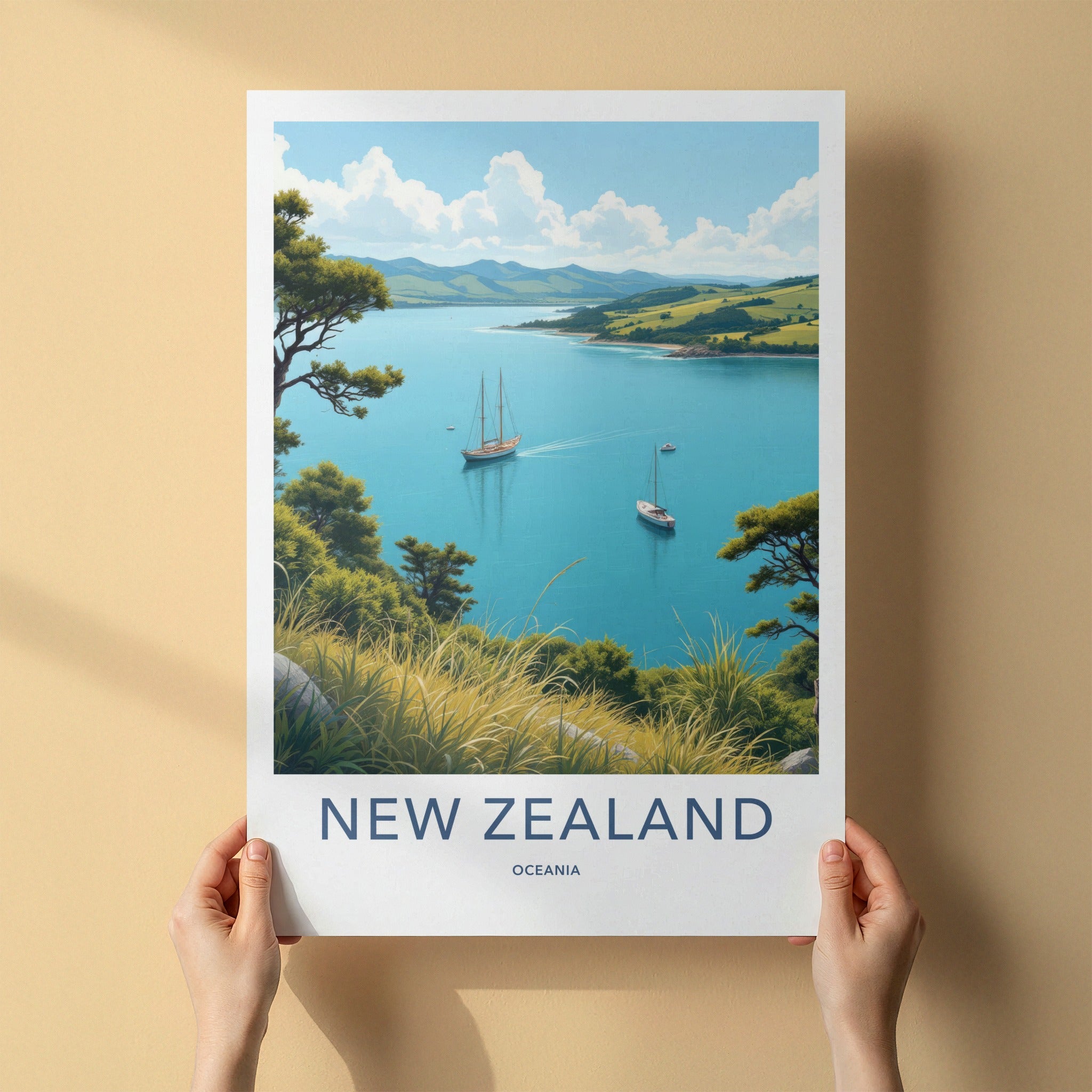 New Zealand Poster - New Zealand Travel Art - Sailboats Blue Waters Home Decor