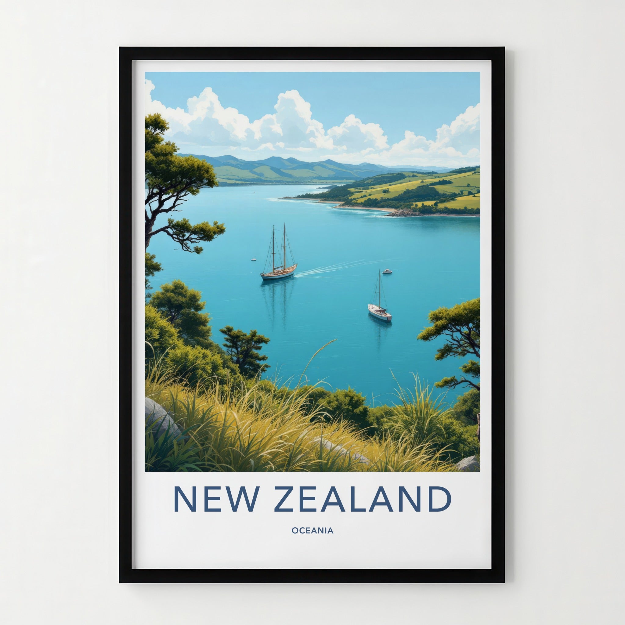 New Zealand Poster - New Zealand Travel Art - Sailboats Blue Waters Home Decor
