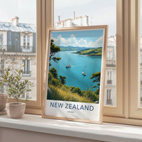 New Zealand Poster - New Zealand Travel Art - Sailboats Blue Waters Home Decor