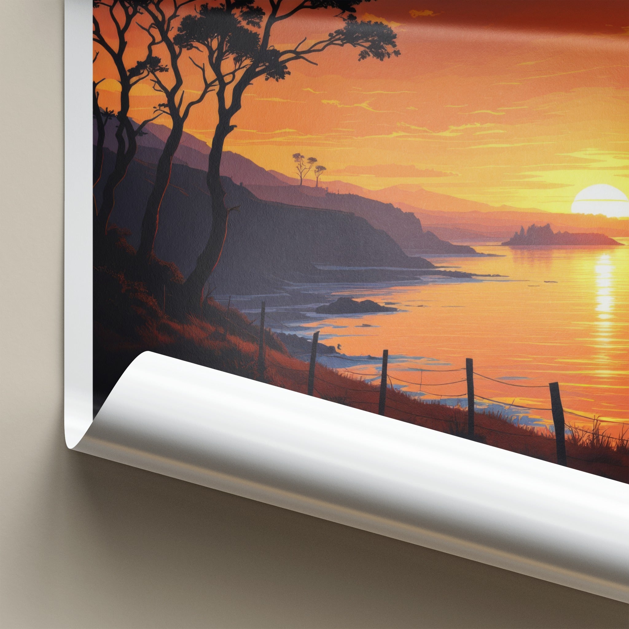 New Zealand Poster - New Zealand Travel Print - Golden Coastal Horizon Home Decor