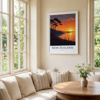 New Zealand Poster - New Zealand Travel Print - Golden Coastal Horizon Home Decor